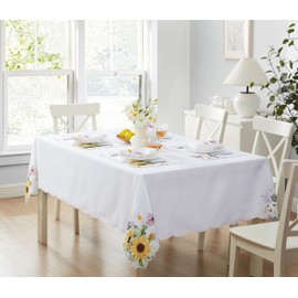 Newbridge Easter Yellow Sunflowers and Daisies Square Embroidered Tablecloth, 52 x 52 Inch, Cutwork Wrinkle Free, Stain Resistant Fabric Table Cover for Indoor Outdoor Dining and Parties