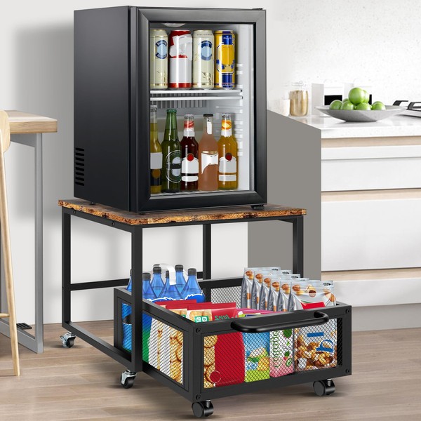 WOUDY Mini Fridge Table with Storage and Wheels, Mini Refrigerator