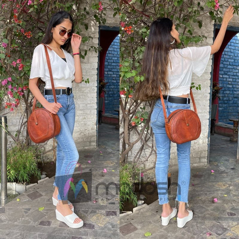 Madosh, Women's Genuine Leather Crossbody Semi-Circle Shape Purse Round Shoulder