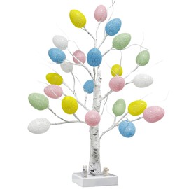 ApisNest Pre-lit Easter Tree Decorations,24 Inch Easter Birch Tree with 24 Egg,DIY Artificial Tree Tabletop Decor for Easter Spring Party