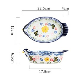 Bicuzat Vintage Butterfly and Flower Pattern Pie Pan, Chicken Shape Ceramic Bakeware Casserole Dish Baking Pan Bakers Lasagna Pans Soup Bowl Baking Dish for Oven to Table-Blue-25 OZ