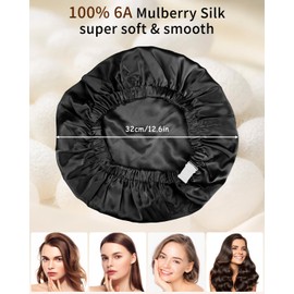 Seidenmütze, 100% Maulbeerseide Schlafmütze, Verstellbare Seidenhaube zum Schlafen mit Elastischem Band, Doppelseidige Weiche Nachtmütze für Damen und Mädchen Alle Haartypen, Atmungsaktive, Schwarz