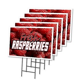 Fresh Raspberries 5 Pack of 12" x 16" Yard Sign & Stake Outdoor Plastic Window | Advertise Your Business | Stake Included Image On Both Sides | Made in The USA