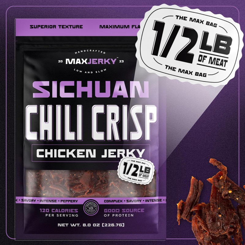 MaxJerky Sichuan Chili Crisp Chicken Jerky, 88 Grams of Protein,
