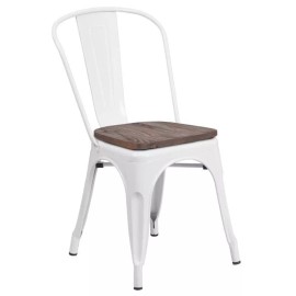 Alston Bistro Style Metal Chair in White with Wood Seat