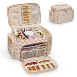 Large Makeup Bag, Portable Travel Makeup Bag Organizer for Women Girls with Makeup Brush Compartment & Two Side Pockets, Cosmetic Travel Bag Vertical Storage Toiletry Bag- Checkerboard
