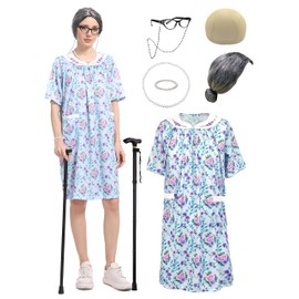 Cupohus Women's Old Lady Wig Costume Set, 100 Days of School Adult Granny Dress Cosplay, 8PCS Set- Grandma Wig and Wig Cap, Retro Glasses with Chain, Faux Pearl Jewelry, Cane, Blue Floral Dress Outfit