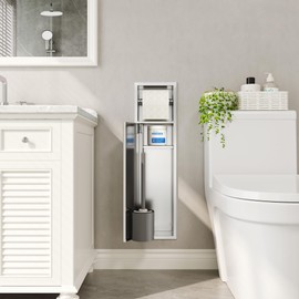 Qeke Recessed Toilet Brush Holder, SUS304 Stainless Steel Rustproof Recessed Toilet Brush Holder, in Wall Tissue Brush Storage Cabinet for Bathroom, Brushed Nickel, 4" Depth