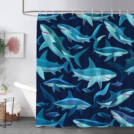 VANZEV Ocean Shark Pattern Shower Curtain,Sea Predators Decor, Ocean Themed Bath Curtain, Waterproof Polyester Fabric with 12 Hooks, 72x72 Inches