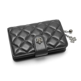 2R Quilted Lambskin Leather Wallet with Rose Charm, Multiple Card Slots, Black, Black, Classic Quilted