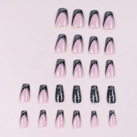 Mkwntg French Tip Press on Nails Medium Fake Nails Black Glitter Glue on Nails Luxury Glossy Bling Acrylic Nails Reusable Full Cover Stick on Nails for Women Girls Manicure Nail Decorations 24Pcs