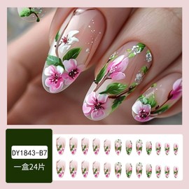 Flower Press on Nails Medium Almond Fake Nails with Green Leaf Floral Designs Full Cover Stick on Nails Glue on Nails Reusable Pink Flower Acrylic Nails Artificial Nails for Women Nail Decoration