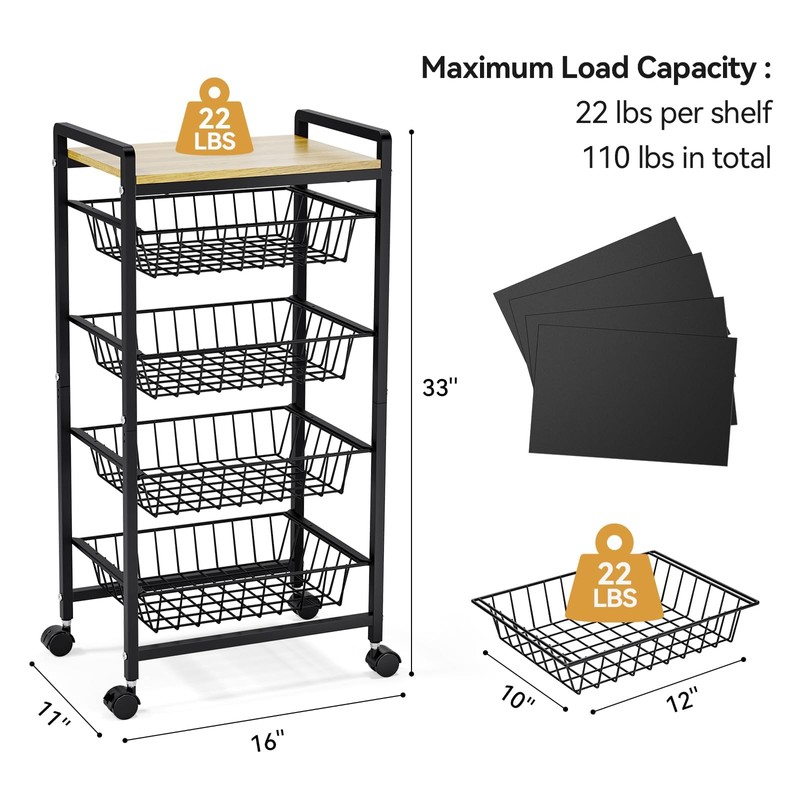 TOOLF 5-Tier Kitchen Cart with Tabletop, Rolling Snack Cart with