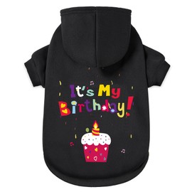 GreenJoy - Suéter con capucha para perro, para clima frío, chamarra para perro, sudadera con capucha para cachorros, gatos, perros pequeños, medianos y grandes (negro (It's My Birthday), talla L)