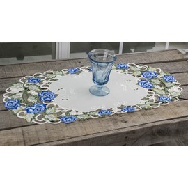Embroidered Victorian Blue Rose with Green Cut Work on Ivory Table Runner, Placemat, Doily (12.5Wx26L)