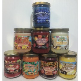Smoke Odor Exterminator 13 oz Jar Candle, Blueberry Dreamz, Set of 8 Candles. Includes Pina Colada, Sugar Plum, Maui wawie Mango, Pine Apple Coconut, Cherry Bomb, Potpaya & Apple Orchard.