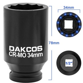 DAKCOS 34mm Socket 1/2" Drive 12 Ponit Impact Wrench Socket Drive Shaft Tool Power Socket, CR-MO Deep Socket