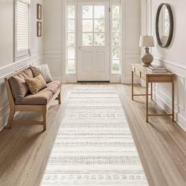 Boho Hallway Runner Rug 3x8: Soft Machine Washable Moroccan Farmhouse Runner for Entryway Kitchen Laundry - Non-Slip Morden Indoor Rug for Bedroom Bathroom - Brown/Cream