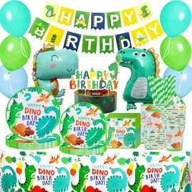 Dinosaur Birthday Party Tableware Set, Serves 16 Dinosaur Plates Napkins Cups and Tablecloth Banner Straws Balloons Set for Dino Theme Birthday Party Decorations for Boys Girls Kids Happy Supplies