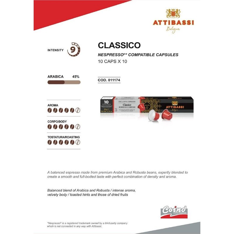 Attibassi Classico Espresso Italian Coffee Compatible Nespresso Originaline- 100