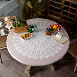 Artbloss Round Fitted Tablecloth with Elastic Mock Crocheted Waterproof Oli Proof Printed Table Cover Wipeable Vinyl Table Protector for Home Picnic Outdoor (White Lace, 46"-55" Round Tight Fit)