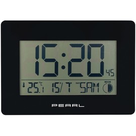 PEARL Radio Wall Clock with Date: Radio Controlled Wall Clock with Jumbo Time, Temperature and Date Display, Black (Radio-Controlled Clock with Date and Day of the Week, Table Clock with Date and Day