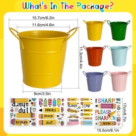 Hlimior 6 Pcs Sharp and Dull Pencil Buckets for Classroom, Metal Sharp and Dull Pencil Pail Holders with Handle 8 Sheet Stickers Back to School Teachers Classroom Management Organization Supplies