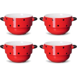 ECODECO 16 oz Ceramic Soup Bowls with Double Handles - Stackable Oven Safe - Red Polka Dot - Set of 4