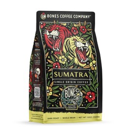 Bones Coffee Company Sumatra Single-Origin, Dark Chocolate, Smoky Earthy Notes, Whole Coffee Beans, Low Acid Darl Roast Arabica Beans Flavored Coffee, 12 oz Whole Bean