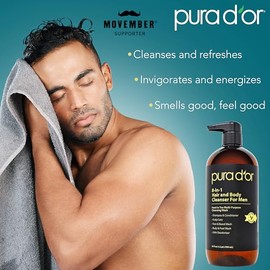 PURA D'OR Limpiador de cabello y cuerpo 8 en 1 de 24 onzas para hombres, sin sulfatos, lavado multiusos para cabello, cara, barba y cuerpo, con aloe v