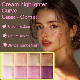 Highlighter Curve Comet Case, 8 Colors Cream Highlighter Shimmer Glow Silver Gold Blossom Glowy Finish Makeup Palette