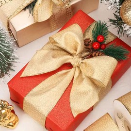 Quality Champagne Ribbon: Gold & Silver Wired Ribbon, Luxury Wrapping, Decorative for All Events - 2.5" x10Yards Gold