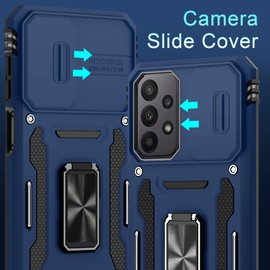 DEERLAMN Case for A23 5G/4G with Slide Camera Cover+Screen Protector,Rotated Ring Kickstand Military Grade Shockproof Protective Cover-Navy Blue