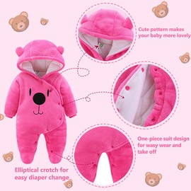 ALLAIBB Newborn Baby Warm Footie Romper Fleece Thick Jumpsuit Winter Outerwear Bear (Rose Red, 9-12 Months)