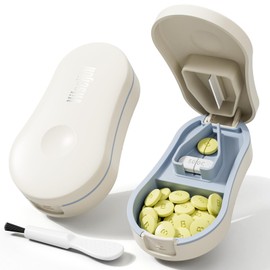 Pill Cutter for Small and Tiny Pills - Pill Splitter with Detachable Silicone Pad - Easy Open Snap Button. Wrap-Around Blade Guard Prevents Cuts. Back Storage（White）