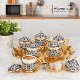 Alisveristime 27 Pc Turkish Greek Arabic Coffee Espresso Cup Saucer Set (Gelincik- Evil Eye) (Gold)