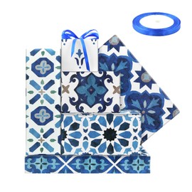 Moroccan Mosaic Ceramic Tile Wrapping Paper, 6 Designs White and Blue Morocco Geometric Motifs - Folded Flat Vintage Gift Wrap Papers with Ribbon Set for Eid ul-Fitr Festival Birthday Wedding Party