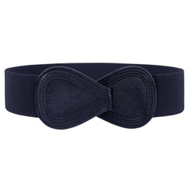 WERFORU Women Stretchy Cinch Belts 8-Shaped Interlock Buckle Faux Leather Elastic Wide Waist Belt for Dresses Navy Blue