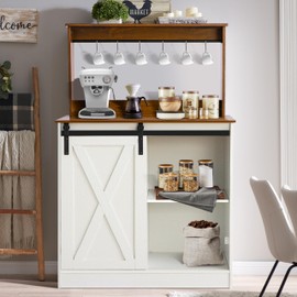 Decomax Farmhouse Coffee Bar Cabinet with Sliding Barn Door - Sideboard Buffet Kitchen Wine Bar Hutch Cabinet with Storage, Coffee Station Table w/6 Hooks and Adjustable Shelves for Living Dining Room