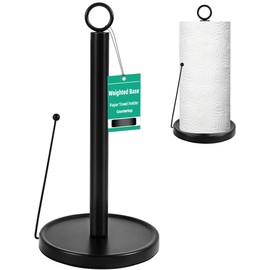 GOWODOOO Countertop Paper Towel Holder for Kitchen–Weighted Base with Non-Slip Pads,One-Handed Tear,Smart Spring Rod Fits mega Rolls,Black Carbon Steel Suitable for Bathroom,Laundry Room