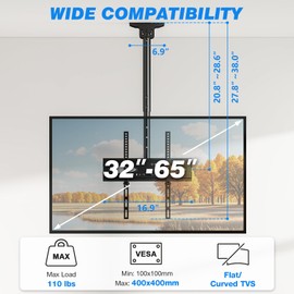 Rfiver Ceiling TV Mount for 32-65 Inch Flat/Curved TVs Support Swivel&Tilt