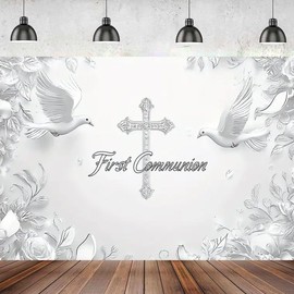 First Holy Communion Backdrop Banner Silver Watercolor Floral Peace Dove Party Decor Christening Newborn Baby Shower Party Background Mi Primera Comunion Backdrop (7X5FT)