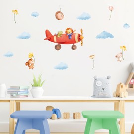 HLNIUC Large Airplane with Animal Wall Decal 14PCS The Exploring Animal Wall Sticker Aircraft Peel and Stick Wall Decals Wildlife Sticky Room Sticker Adventure Themed Wall Stickers for Kid Playroom