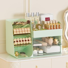 Makeup Organizer with Brush Holder for Vanity,Countertop Makeup Organizer with Drawers,Spacious Cosmetic Display Case,Perfect Storage Solution for Your Beauty Essential (Green, Large)