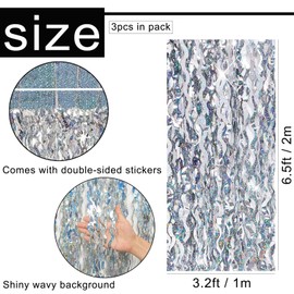 Silver Foil Fringe Tinsel Backdrop Glitter,2P 3.2ft x 6.5ft Wavy Silver Foil Curtain Decoration,Laser Foil Fringe Metallic Tinsel Door Hanging Flow Silk Streamers for Birthday Wedding Holiday Party