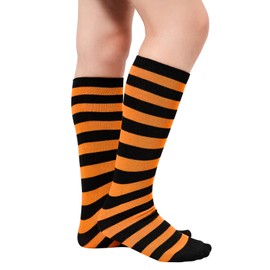 Komorebi Kids Soccer Socks Toddler Knee High Tube Socks Three Stripes Cotton Uniform Sports Stocking for Girls Boys 1 Pack Black Orange Stripes One Size