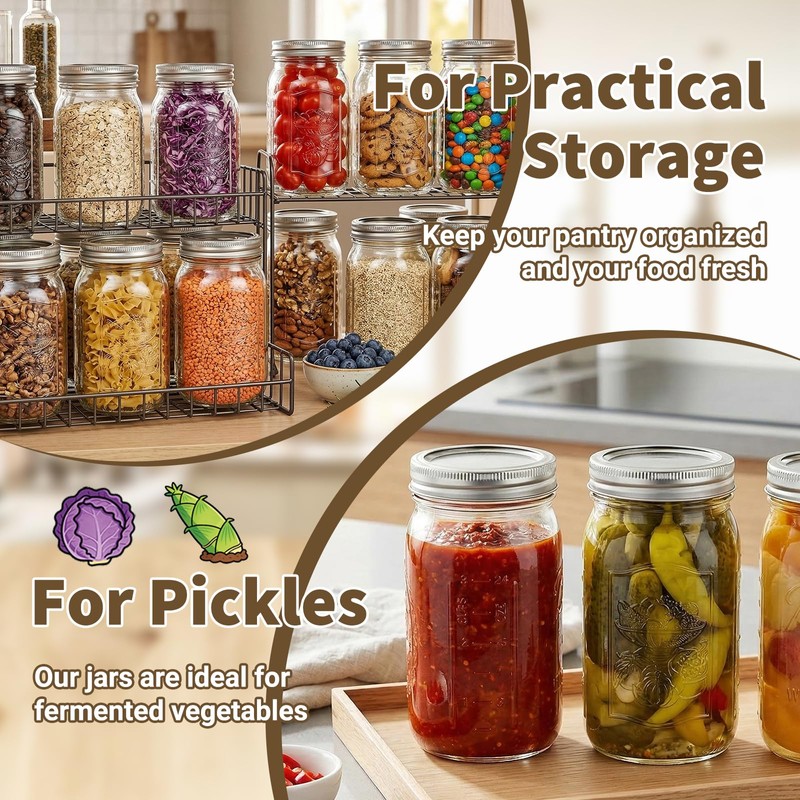 32oz Glass Mason Jars Wide Mouth 12-Pack with Airtight Lids