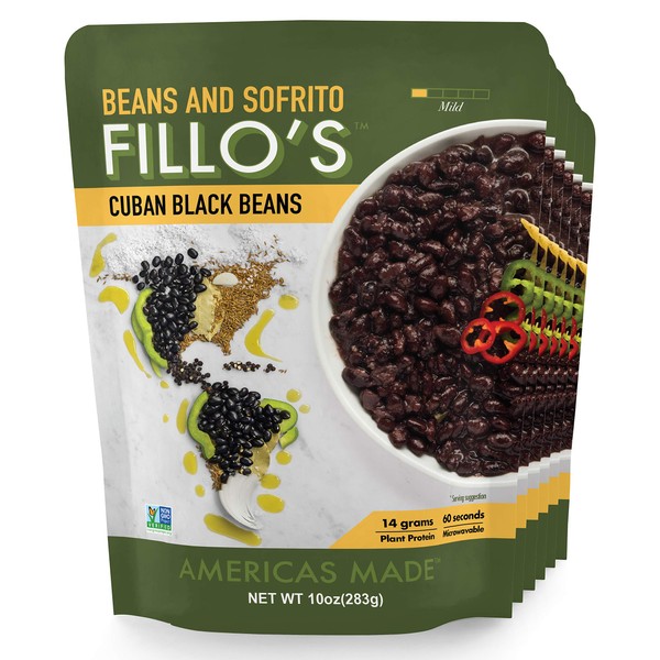 FILLO’S Cuban Black Beans, 6 count, Ready to Eat Sofrito & Beans, Made with Fresh Vegetables, Non-GMO, Plant Protein, Vegan, Microwave Meals, Seasoned Beans