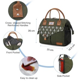 Lekebaby Insulated Lunch Bag for Women Leakproof Wide Open Lunch Box Reusable Lunch Cooler Bag for Adults Work, Army Green