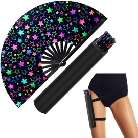 FairySandy Large Rave Fan UV Glow Hand Fan with Holster for Men/women, Disco Party Favor for Edm Music Festival Club Rave Accessories(Star)